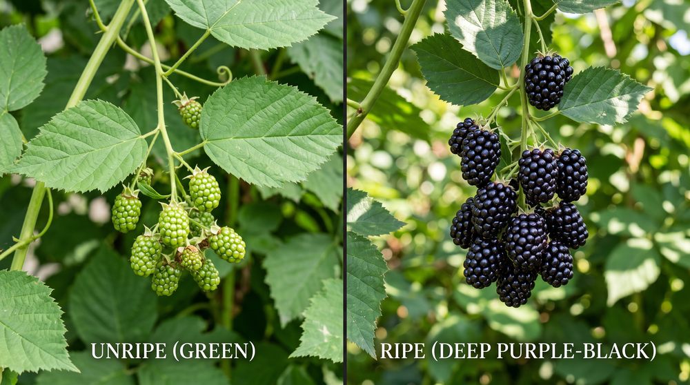 Blackberry ripening stages from green to red to black on the vine
