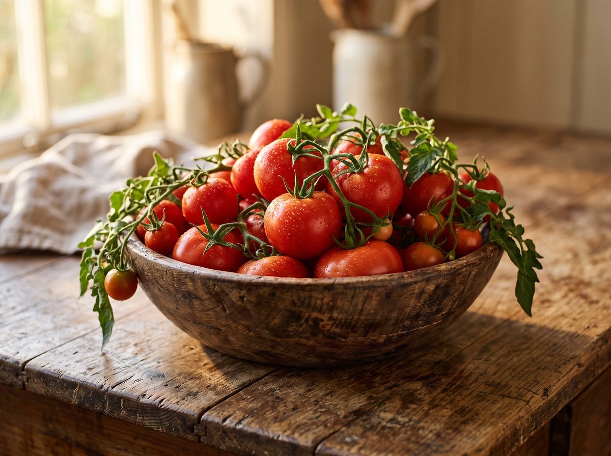 Fresh tomatoes still on the vine, piled in a wooden bowl