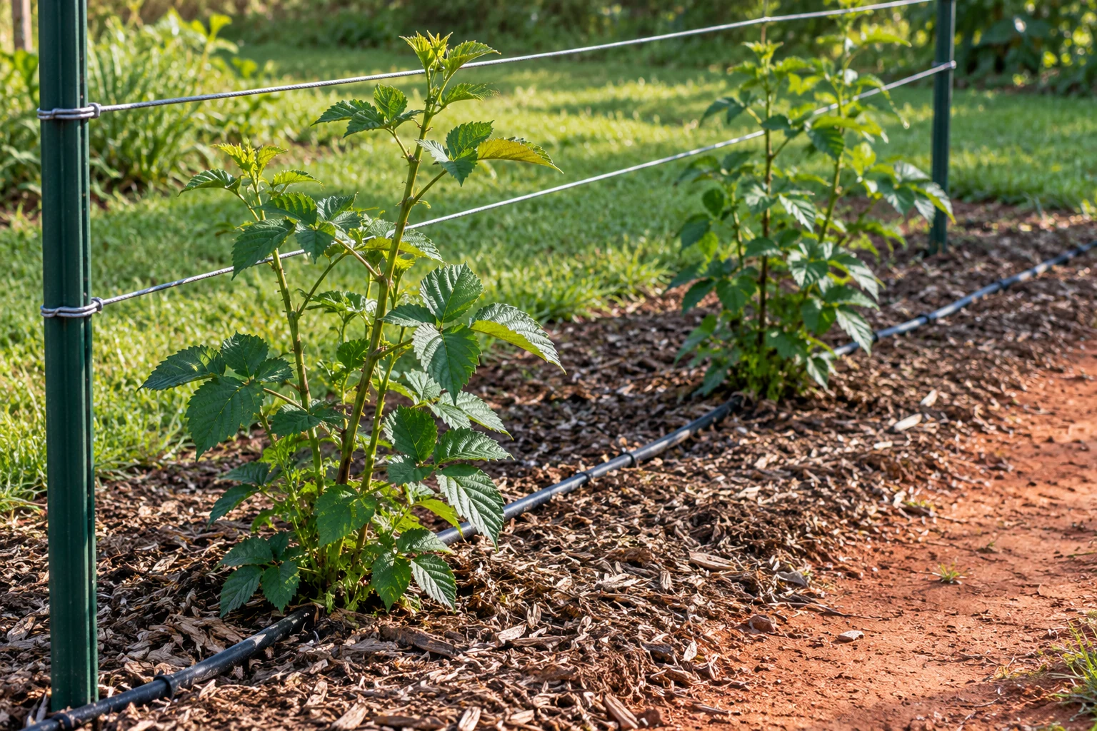 Young blackberry plants with mulch, irrigation tubing, and a simple garden trellis