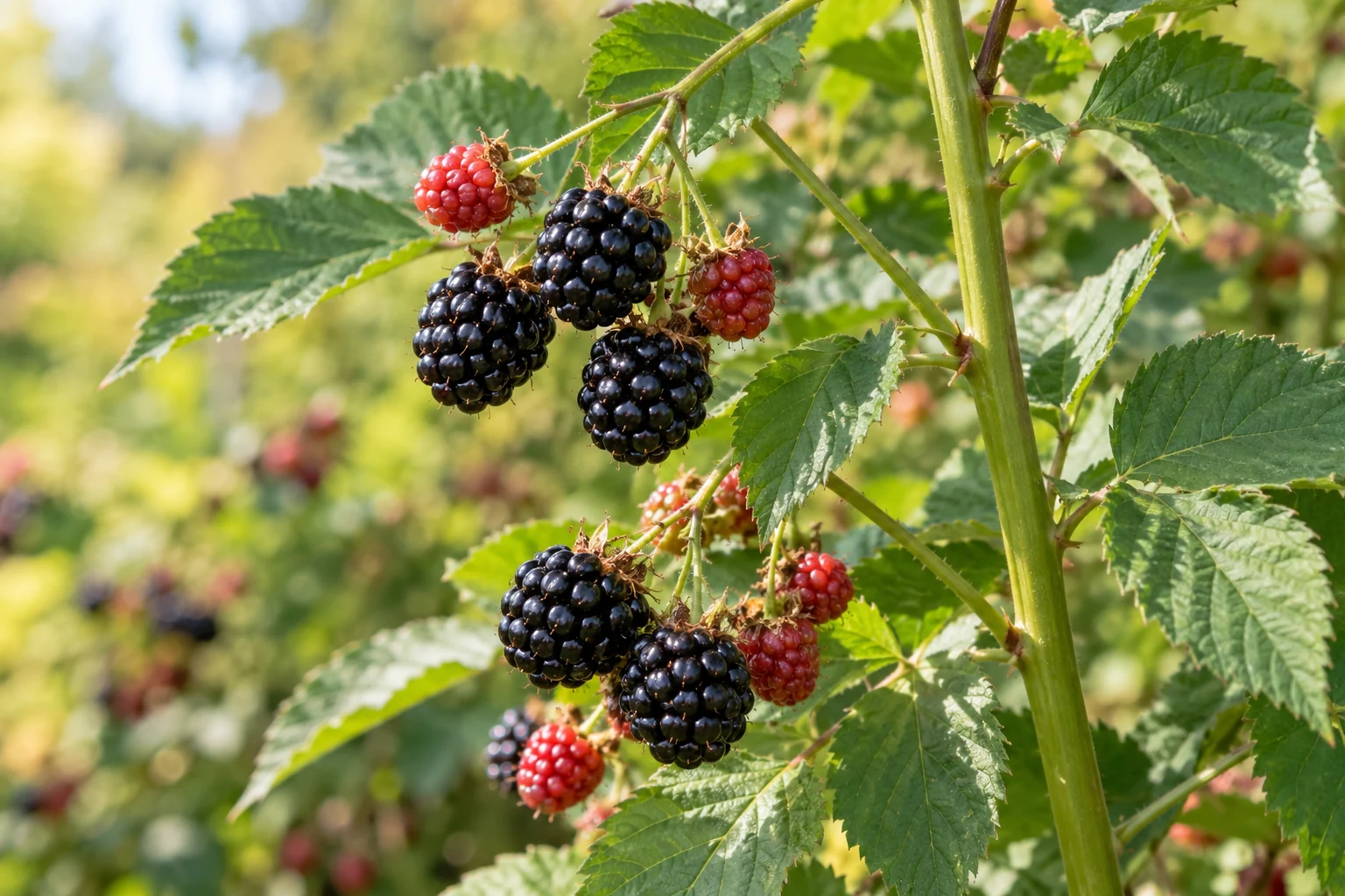 Ripe and ripening blackberries on a thornless cane
