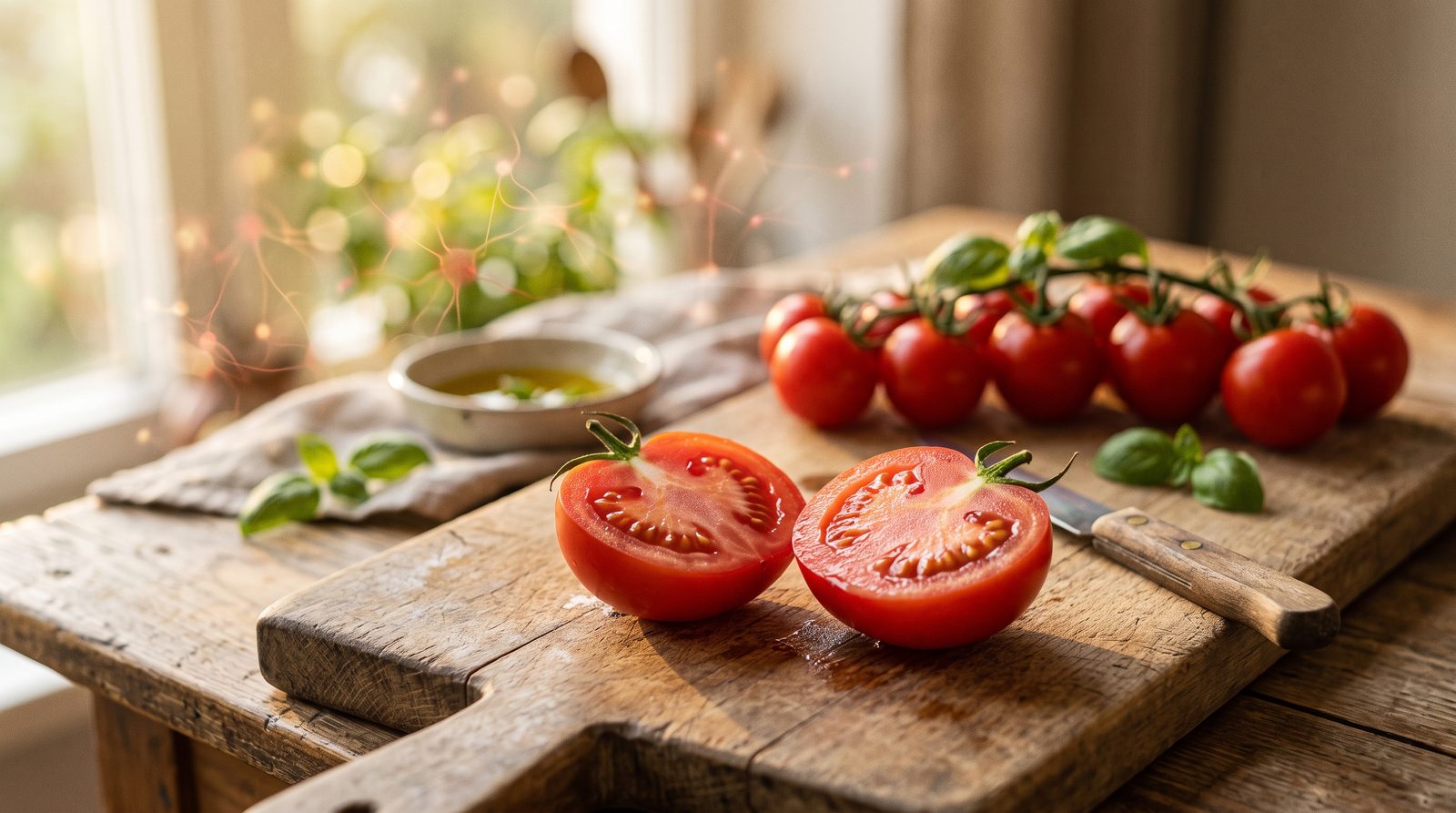 A sliced tomato on a rustic cutting board, the pigment lycopene visible in the flesh