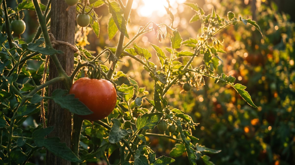 Sunlight streaming through the leaves of a tomato vine at golden hour